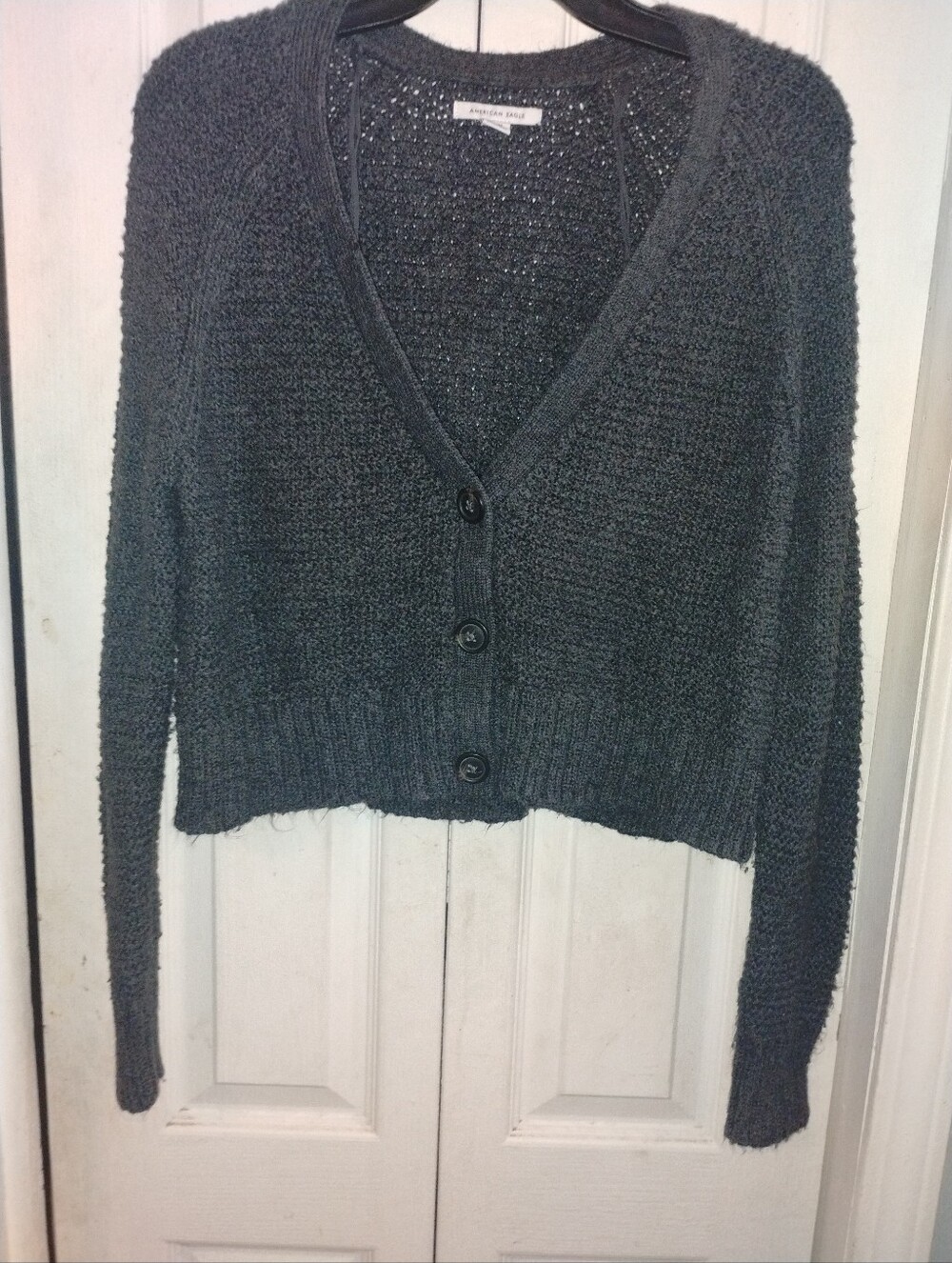American Eagle Outfitters Dark Charcoal Gray Textured Cropped Cardigan - Picture 6 of 6